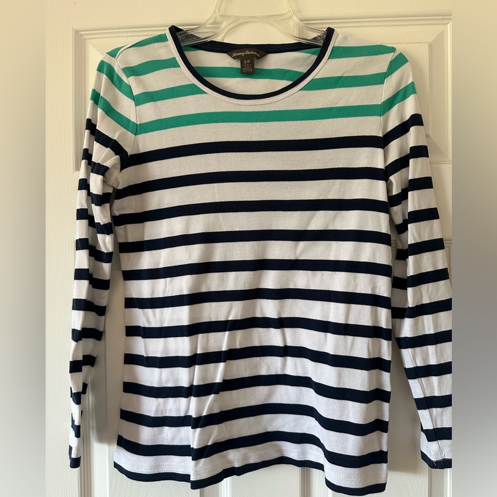 Tommy Bahama Navy, White, and Teal Striped Shirt, size S